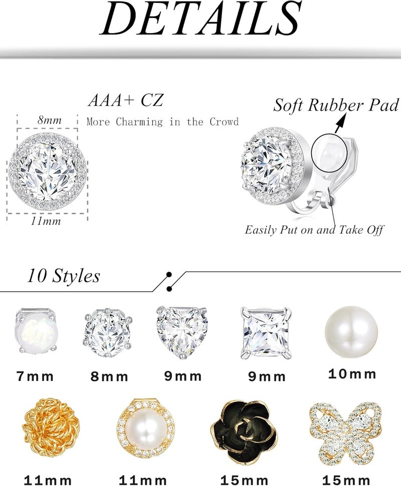 Tornito 10-15 Pairs Clip on Stud Earrings Non Pierced Teardrop Round Square CZ Pearl Twist Knot Flower Butterfly Heart Star Rainbow Cat Opal Clip on Earrings for Women - Image 2